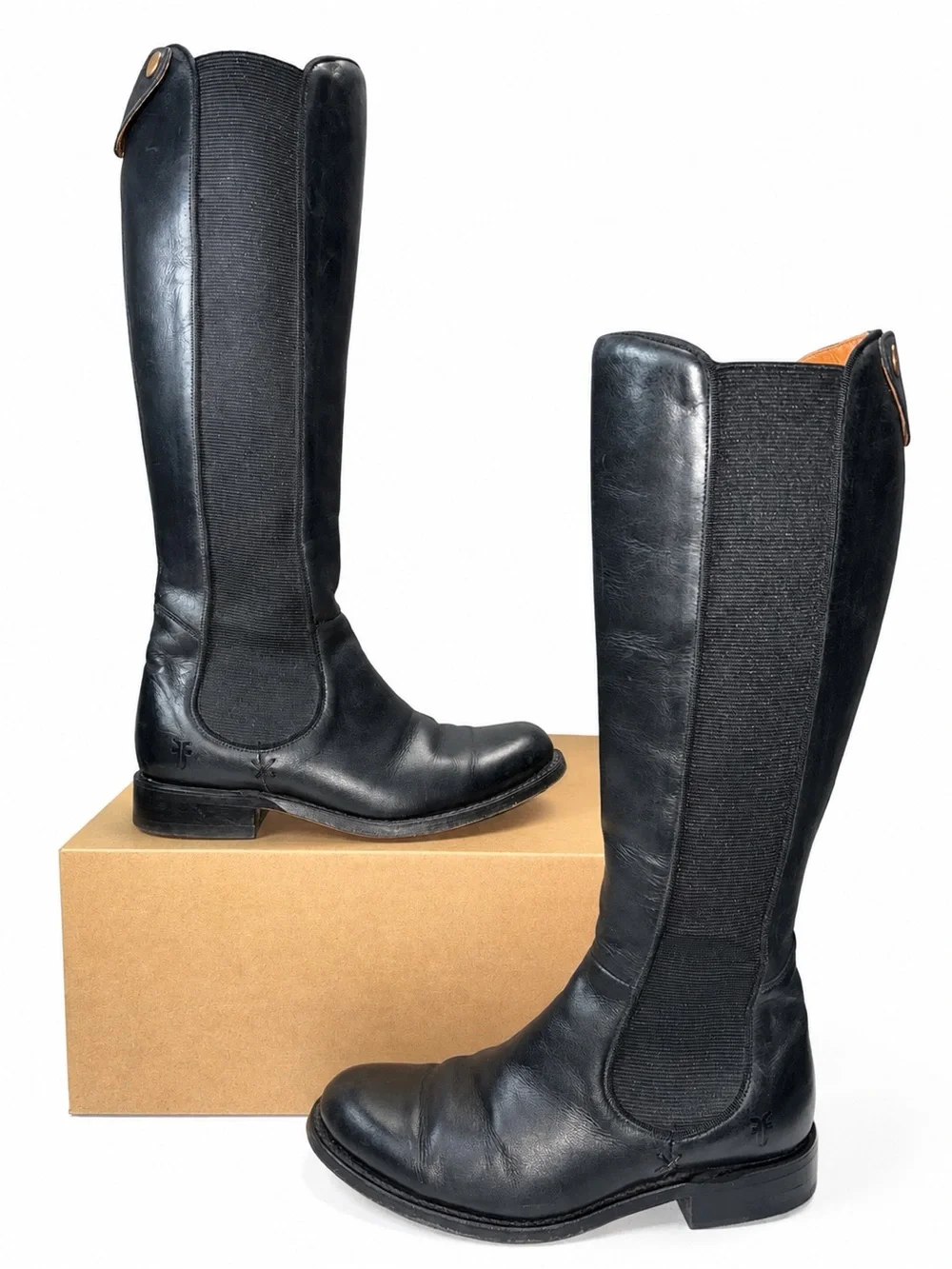 Frye 77632 Made in Spain Tall Black Leather Stretch Riding Field Boots Women’s 6